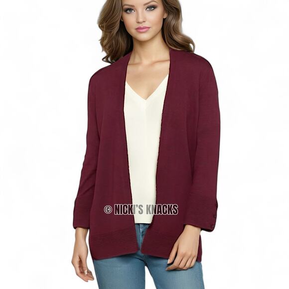 Evolution by Cyrus Myna Button Sleeve Open Cardigan Burgundy Knit Sweater Size S - Picture 8 of 10
